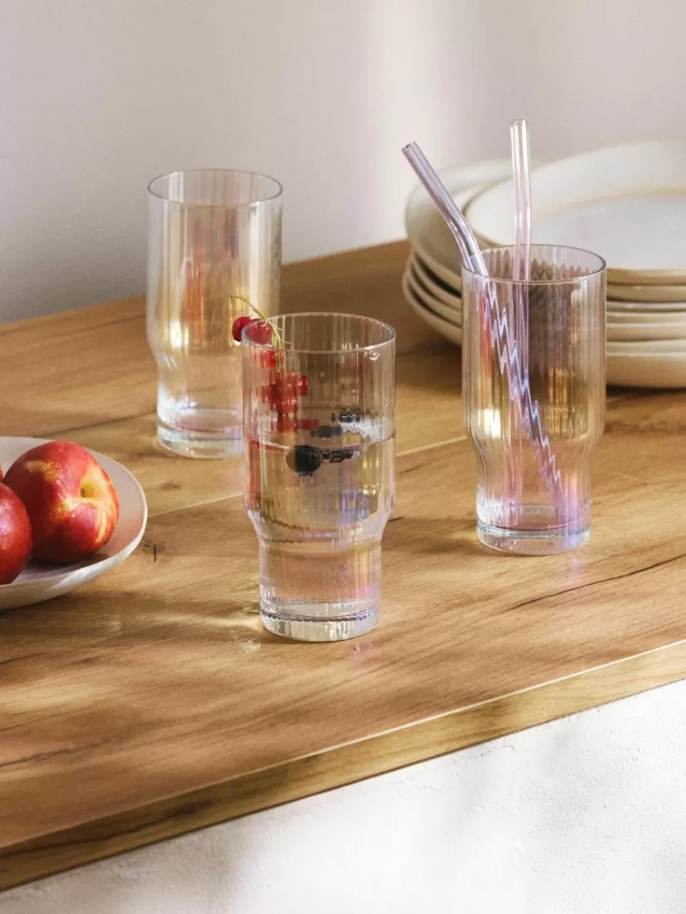 Westwing Collection Mondgeblazen longdrinkglas Juno met groefreliëf en paarlemoer glans, 4 stuks | Barglazen | Servies